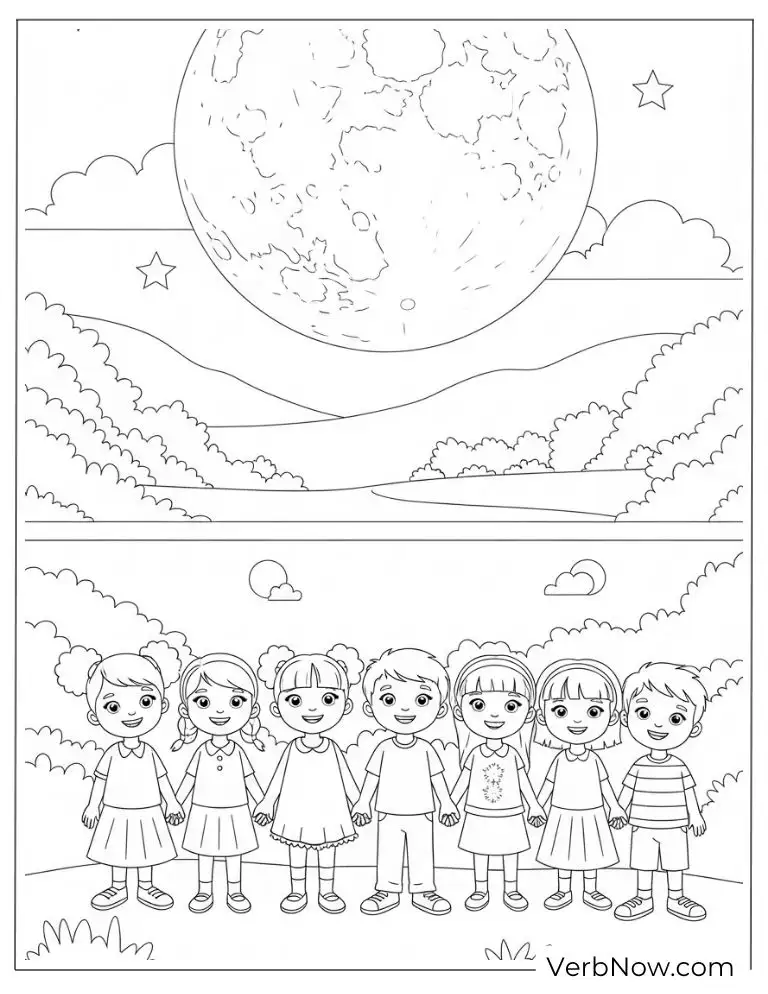 Children stand in a row smiling under the moonlight