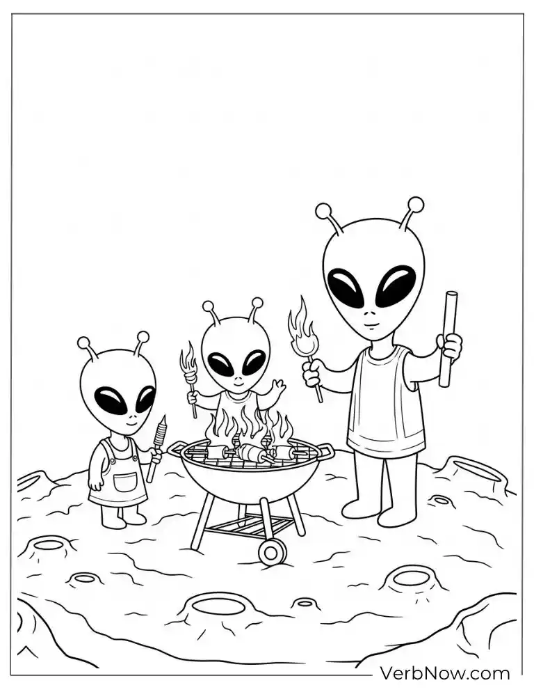 Aliens enjoy a fun BBQ on the moon coloring page