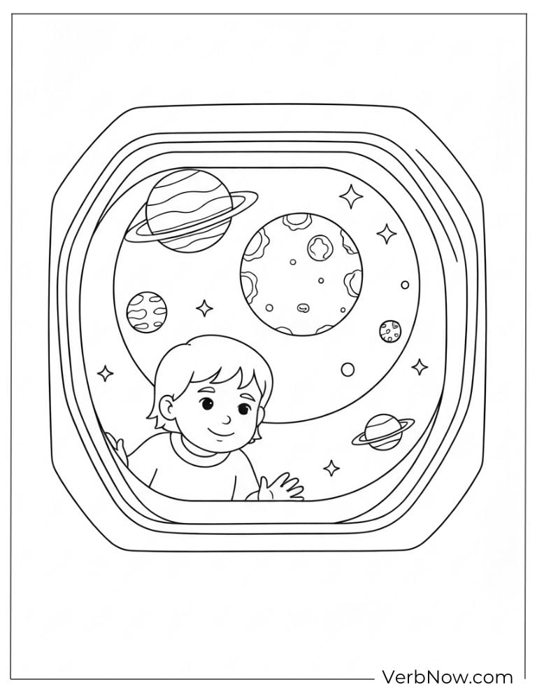A child besides window at planets and the moon