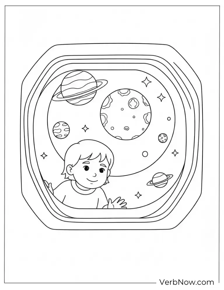 A child besides window at planets and the moon