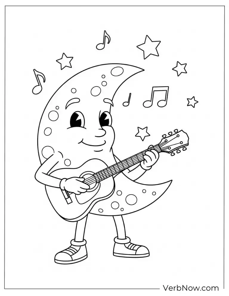 A cheerful moon character plays guitar