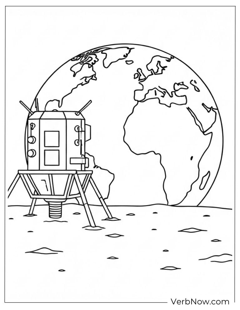 A lunar lander rests on the moon coloring page