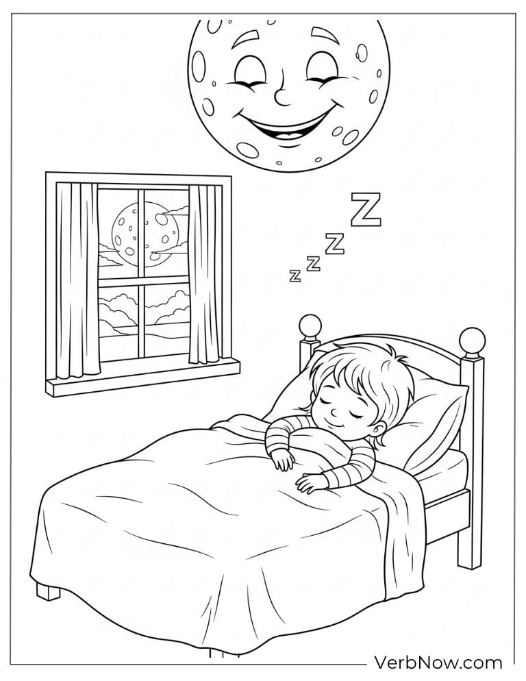 A child sleeping with moon coloring page