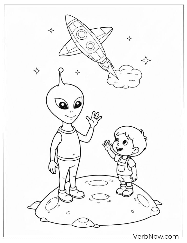 Kid meets an alien on the moon coloring page