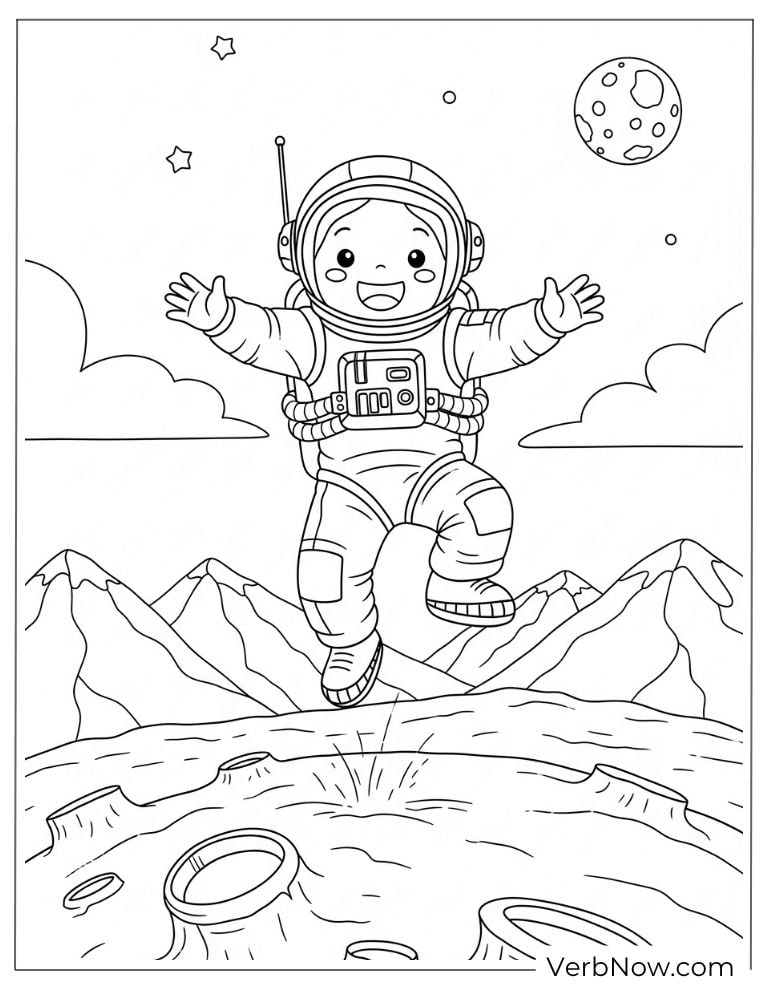 An astronaut joyfully floats on the moon