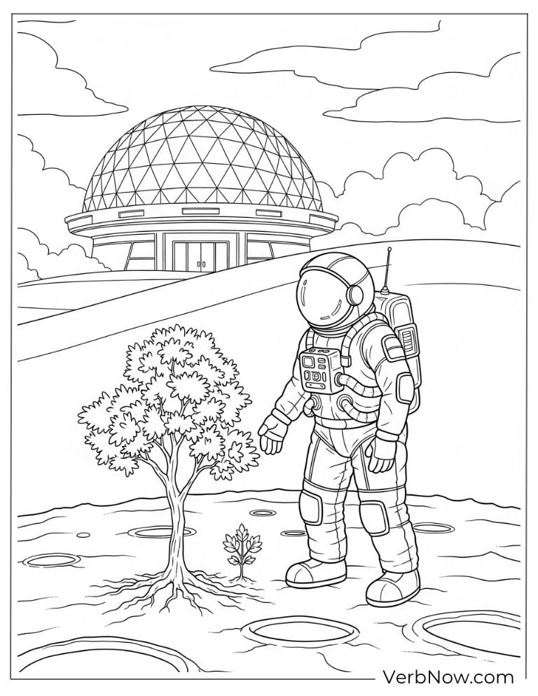 An astronaut plants a tree near a futuristic moon base