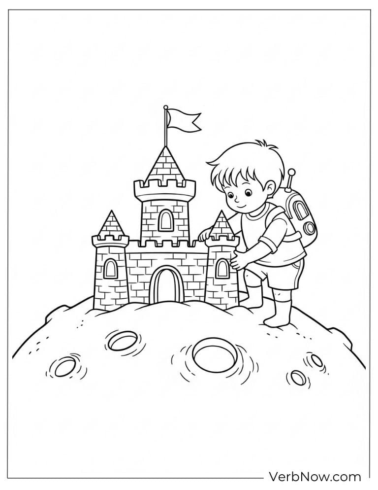 Sandcastle on the moon’s dusty terrain coloring page