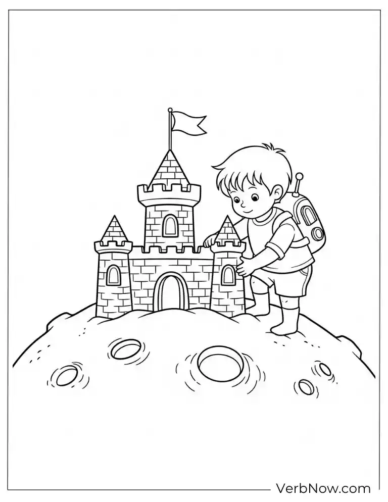 Sandcastle on the moon’s dusty terrain coloring page