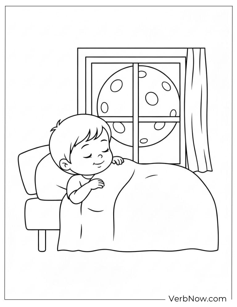 Coloring page of a child dreams under moonlight