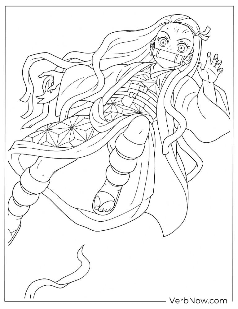 Nezuko in mid-air attack coloring page