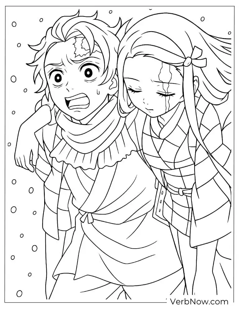 Injured Tanjiro with Nezuko coloring page