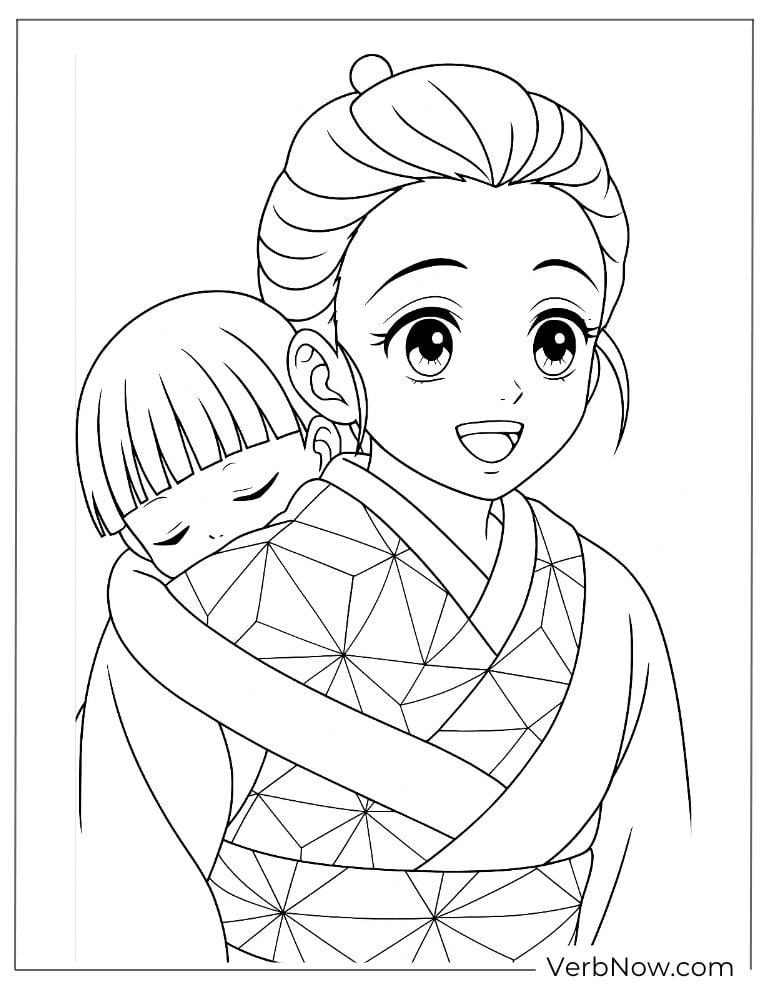 Young Nezuko and her mom coloring page