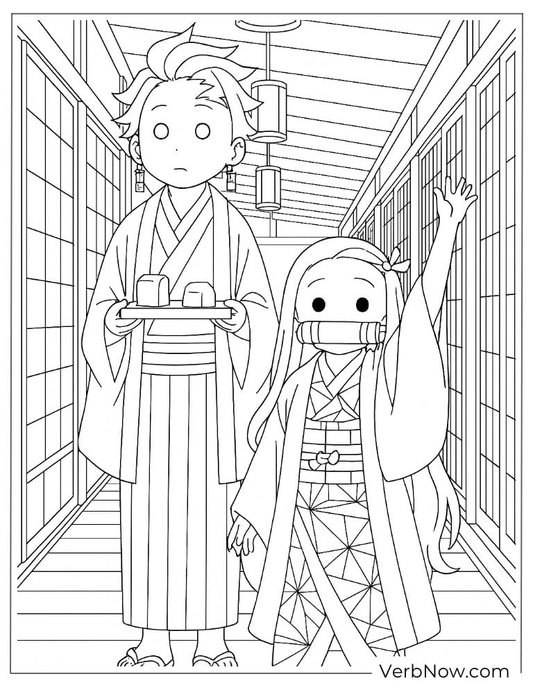Nezuko walking with Tanjiro coloring page