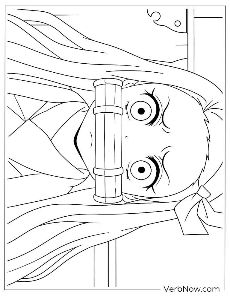 Nezuko peeking with wide eyes coloring page