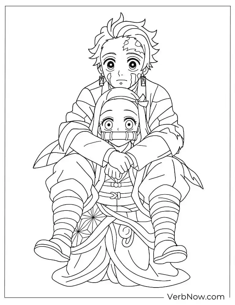 Tanjiro sitting with Nezuko coloring page