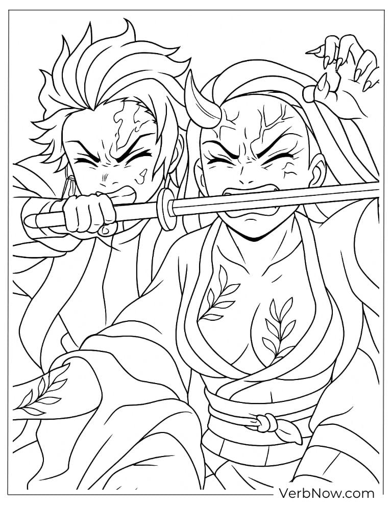 Nezuko and Tanjiro in battle coloring page