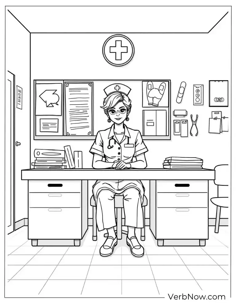 A nurse sits at her office desk in a clinic
