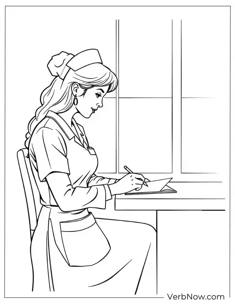 A nurse writes notes while sitting by the window