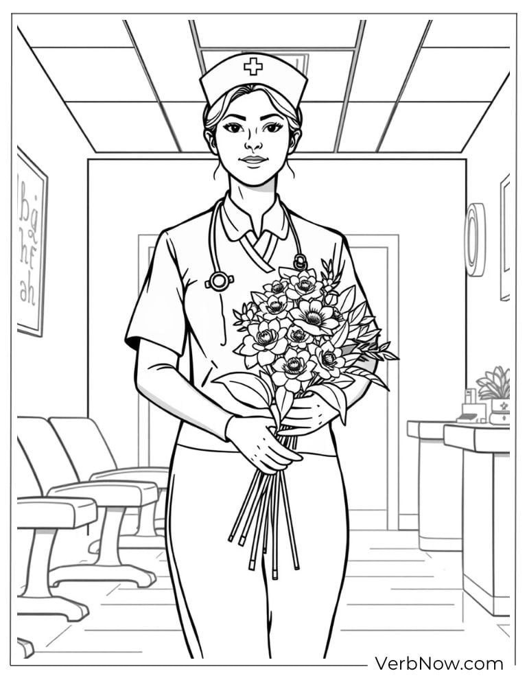 Smiling nurse holds a bouquet of flowers