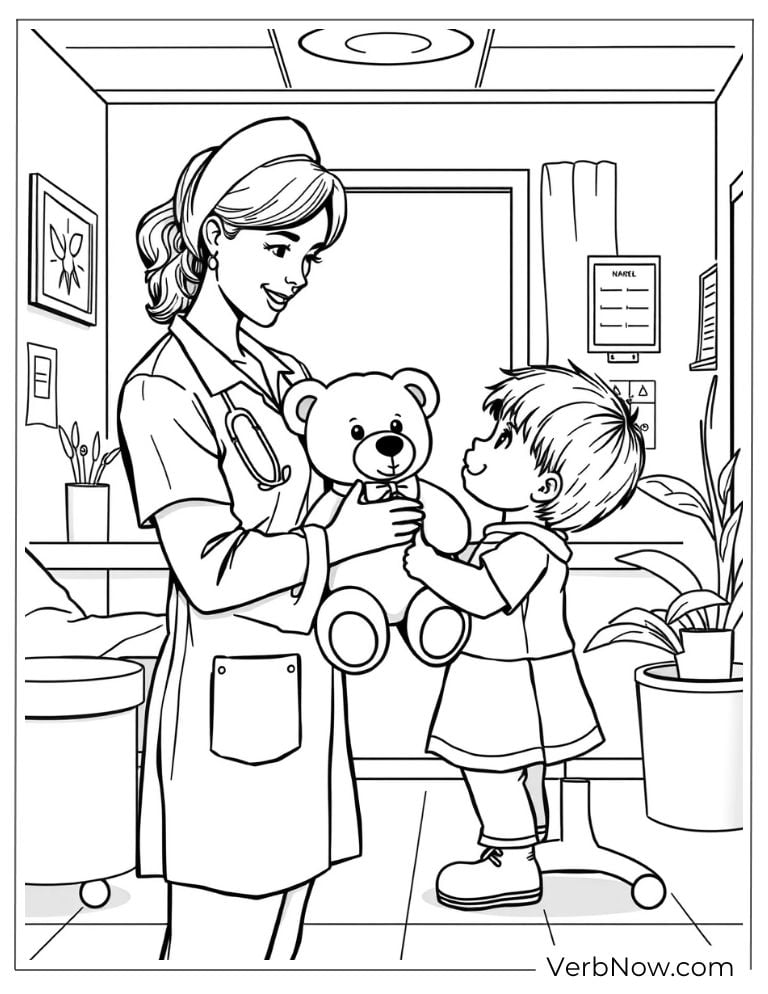 Nurse gives a teddy bear to comfort a young child