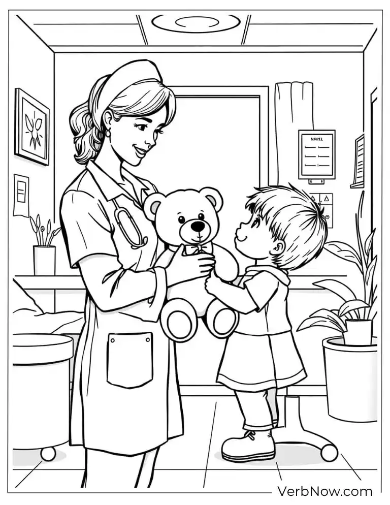 Nurse gives a teddy bear to comfort a young child