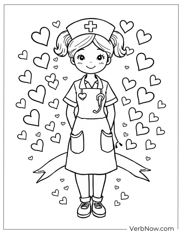 Cute cartoon nurse stands surrounded by hearts