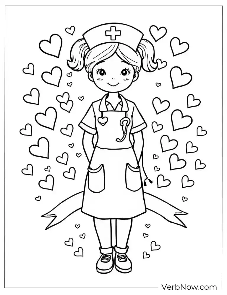 Cute cartoon nurse stands surrounded by hearts