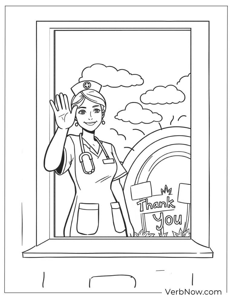 Smiling nurse waves from a hospital window