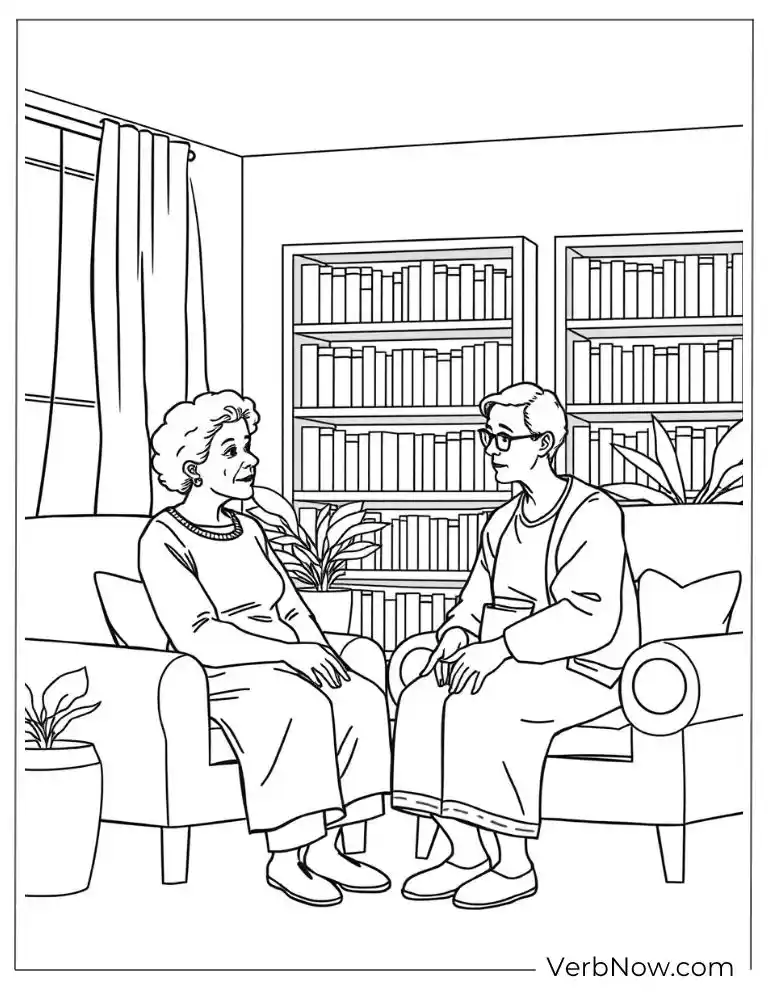 Two elderly women chat in a calm and cozy setting