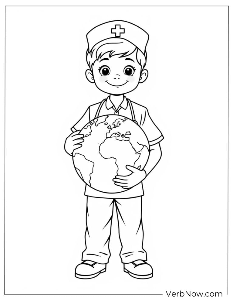Chibi boy nurse holding globe in hospital
