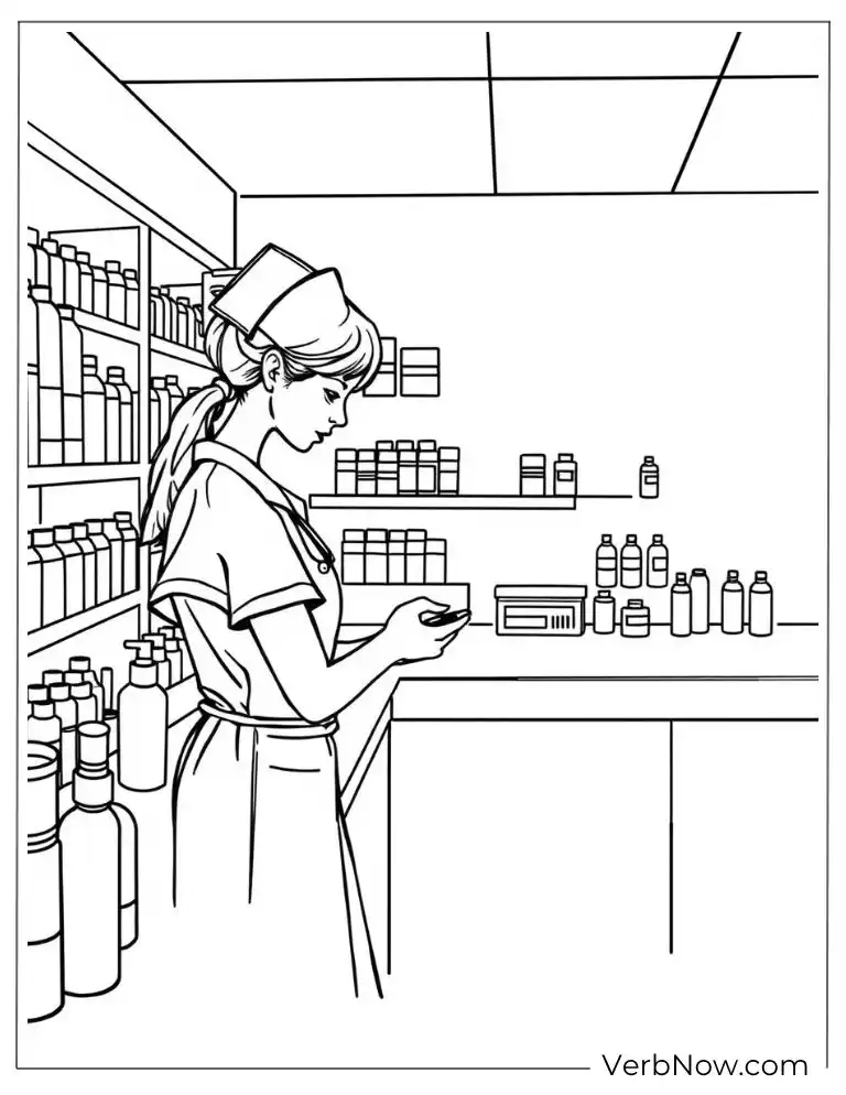 Nurse checks medical supplies at a pharmacy counter