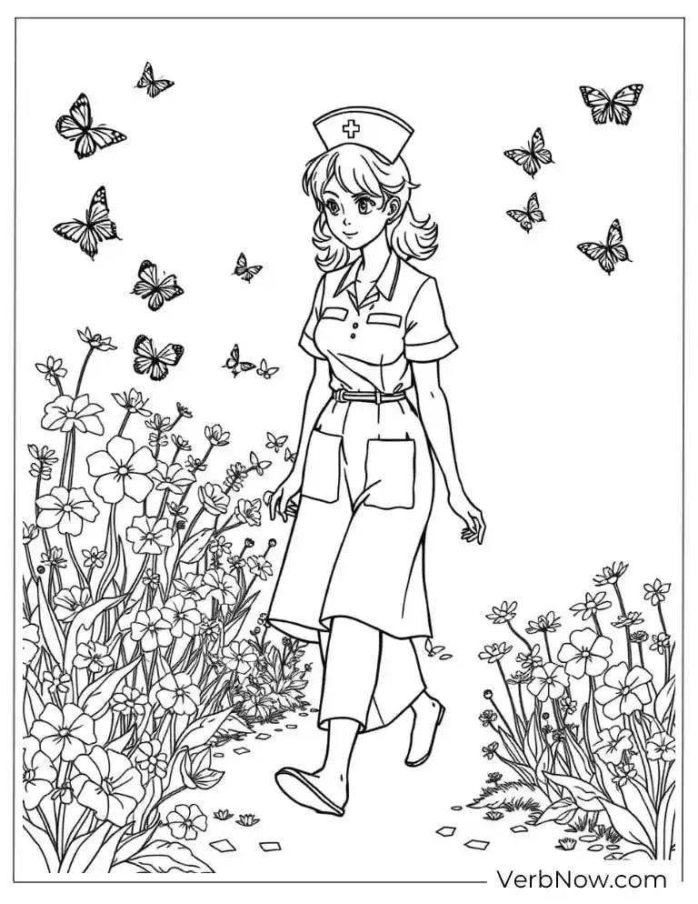 22 Free Nurse Coloring Pages for Kids (100% Printable PDF) Nurse enjoys a peaceful walk among flowers and butterflies