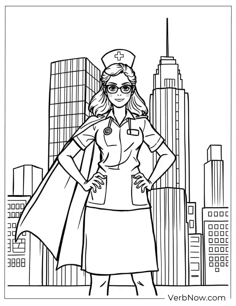 22 Free Nurse Coloring Pages for Kids (100% Printable PDF) A confident nurse poses like a superhero in the city