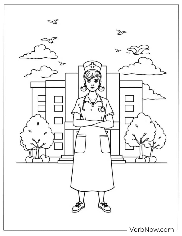Nurse stands in front of a hospital entrance