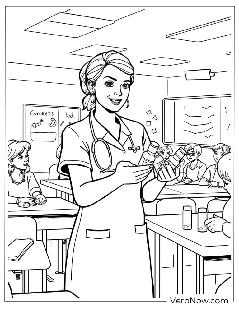 Cheerful nurse gives a lesson about health in a classroom