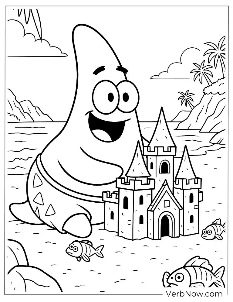 Patrick proudly builds a detailed sandcastle