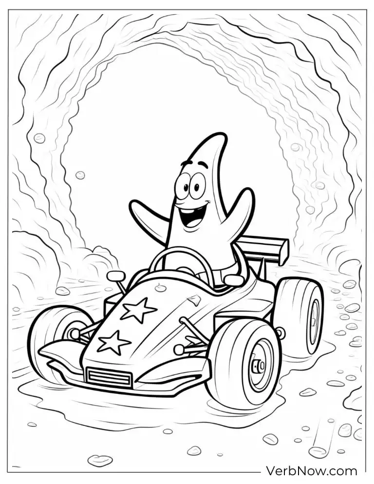 Patrick races happily in a go-kart