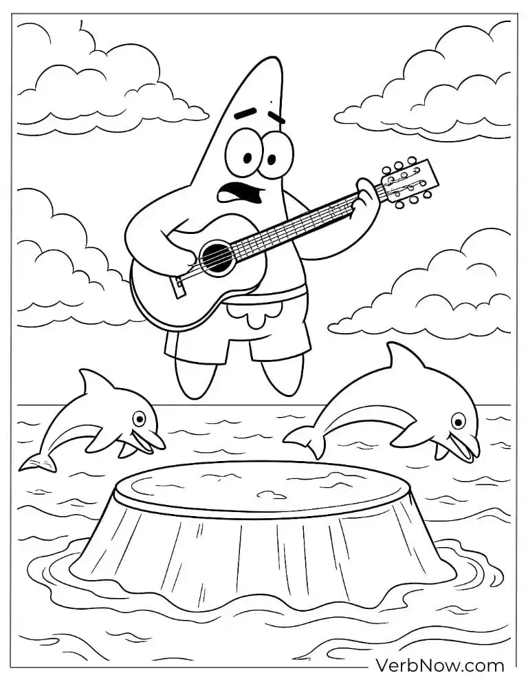 Patrick plays guitar while dolphins jump nearby
