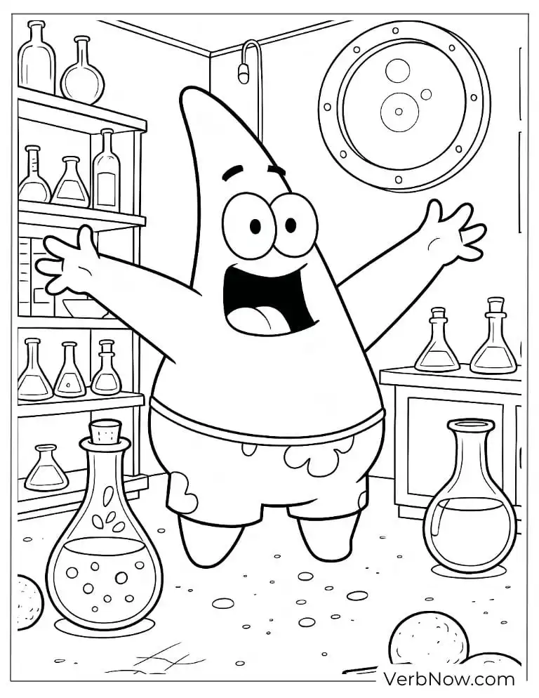 Patrick is in a science lab coloring page