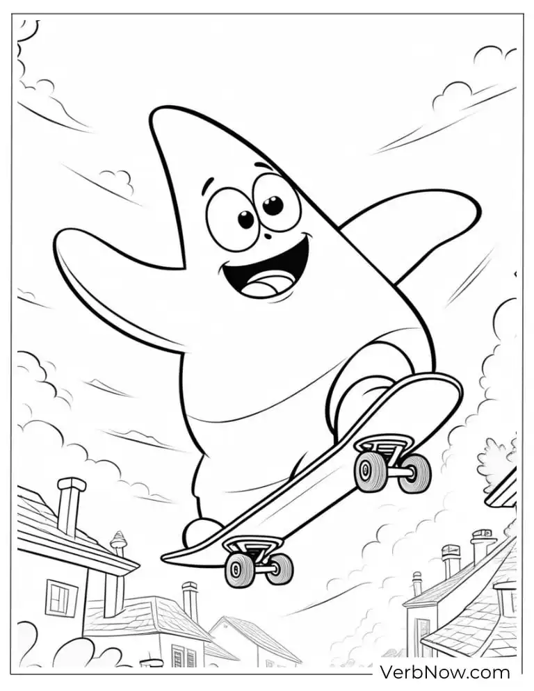 Patrick skateboards through a sunny neighborhood