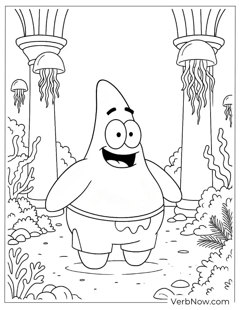 Patrick smiles happily in a peaceful undersea garden