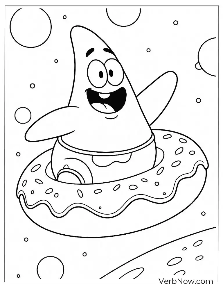 Coloring page of Patrick floats on a donut