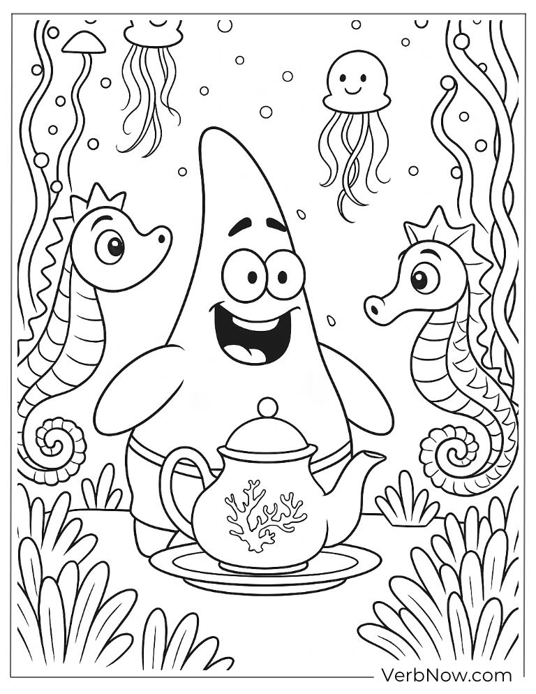 Patrick drinks tea with sea creatures