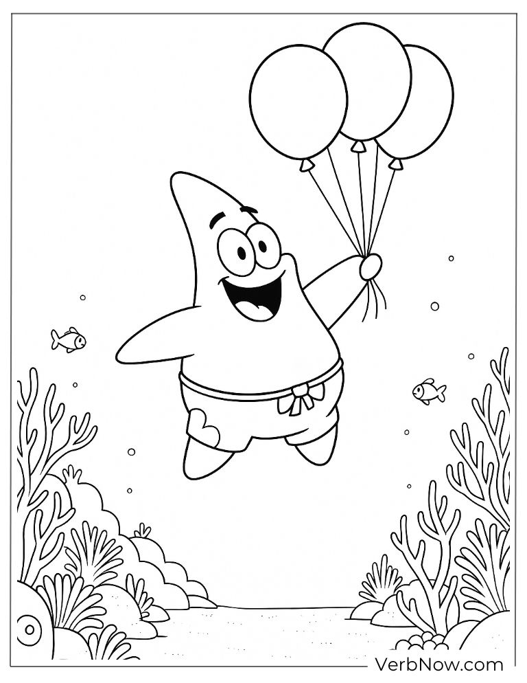 Patrick floats underwater holding cheerful balloons