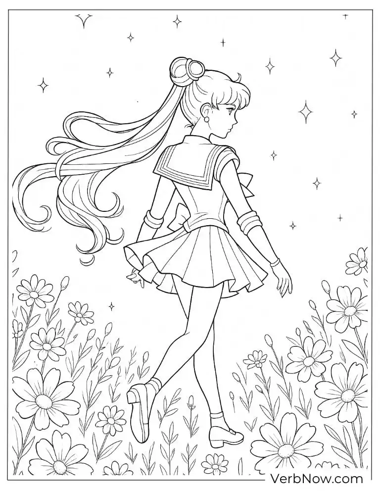Sailor Moon walking in a flower field