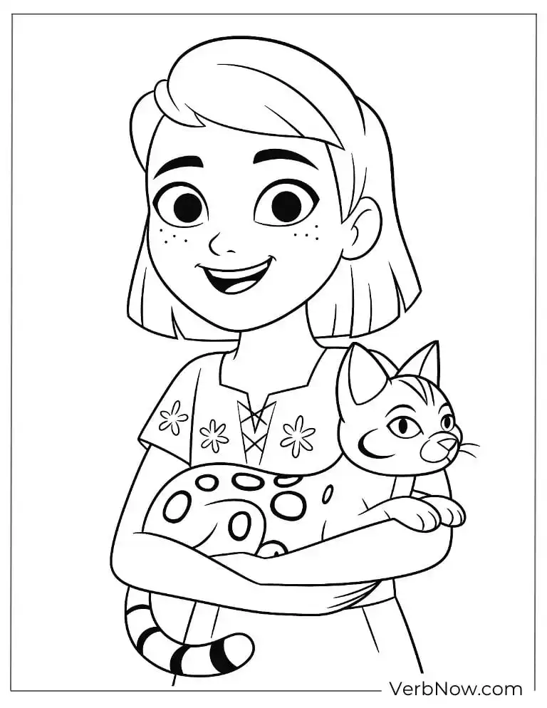 Abigail cuddles a cat with a big smile