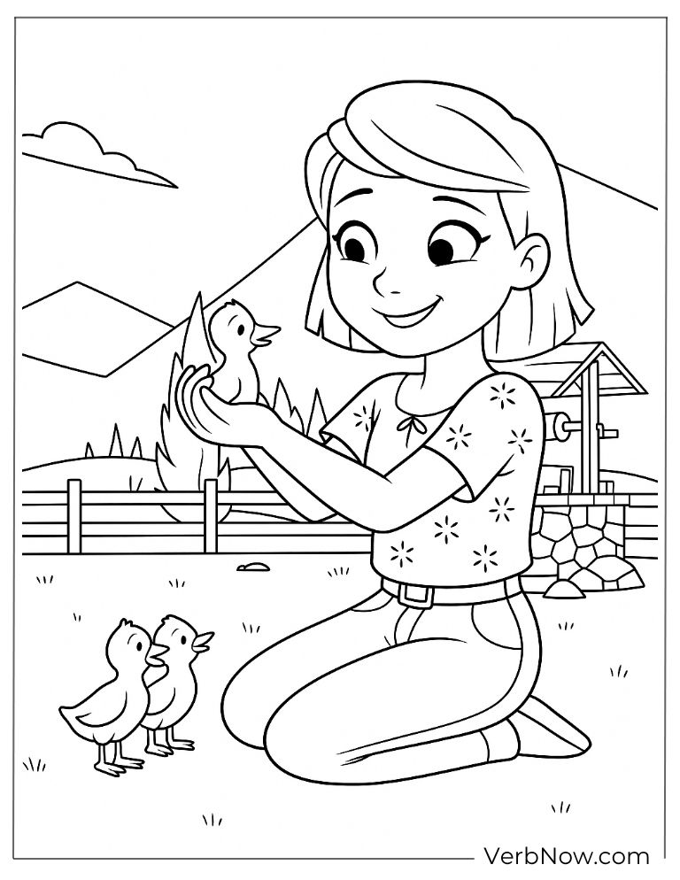Abigail holds a chick while ducks play nearby