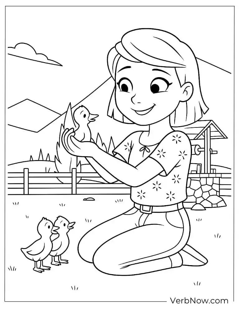 Abigail holds a chick while ducks play nearby