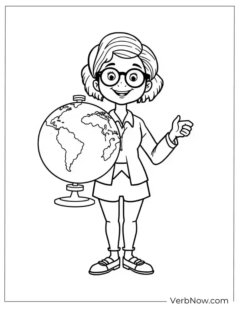 Teacher stands confidently beside a globe