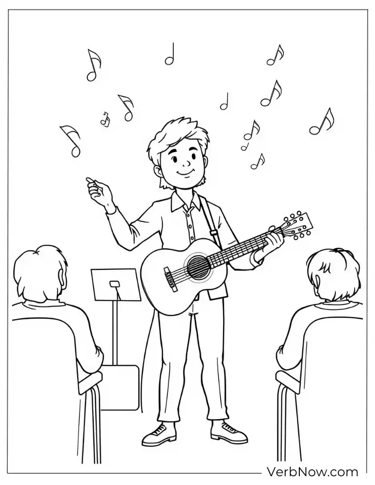 Music teacher plays the guitar for a group of students